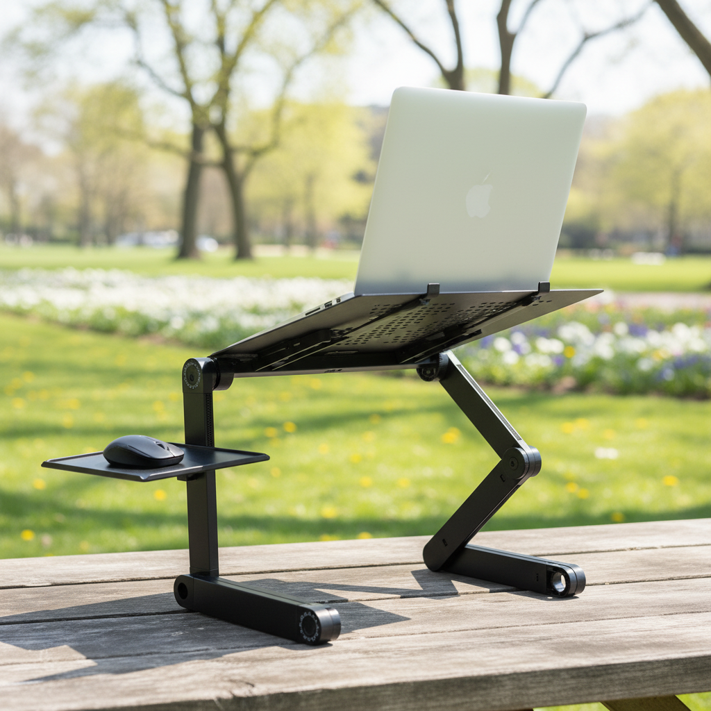 Ergonomische, verstelbare laptopstandaard voor comfortabel thuiswerken en een opgeruimd bureau.