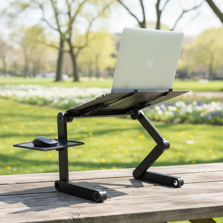 Ergonomische, verstelbare laptopstandaard voor comfortabel thuiswerken en een opgeruimd bureau.