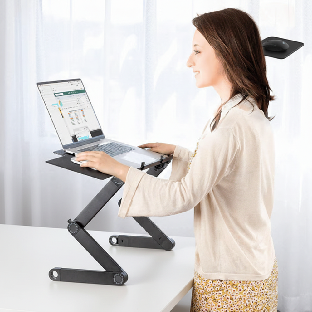 Draagbare aluminium laptopstandaard FlexStand. Ideaal voor onderweg of als stijlvolle bureau-organizer.