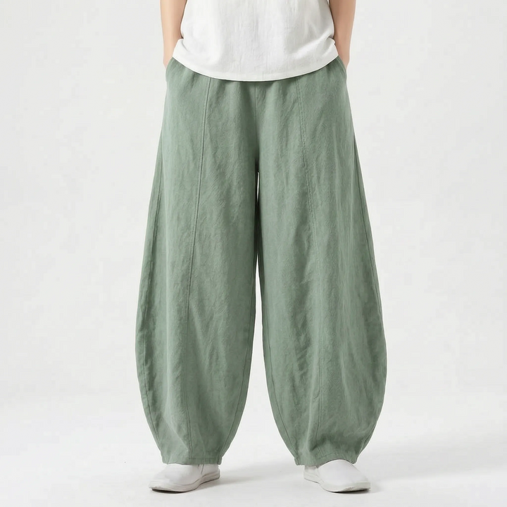 Dames barrelbroek met wijde pijpen, comfortabele losse pasvorm en trendy design voor de zomer.