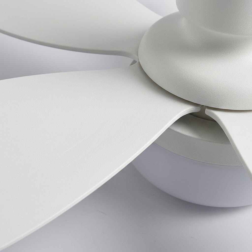Afstandsbediening naast de moderne witte plafondventilator, benadrukt slim comfort en eenvoudige bediening.