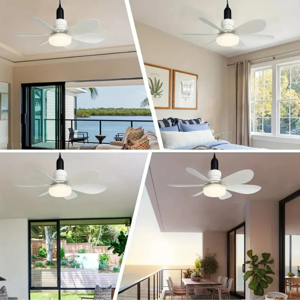 Stijlvolle witte plafondventilator met licht in een modern interieur, zorgt voor koeling en sfeervolle verlichting.