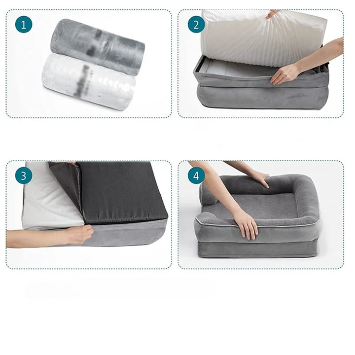 Comfortabele grijze hondenbank met traagschuim matras, ideaal voor honden met gewrichtsproblemen.