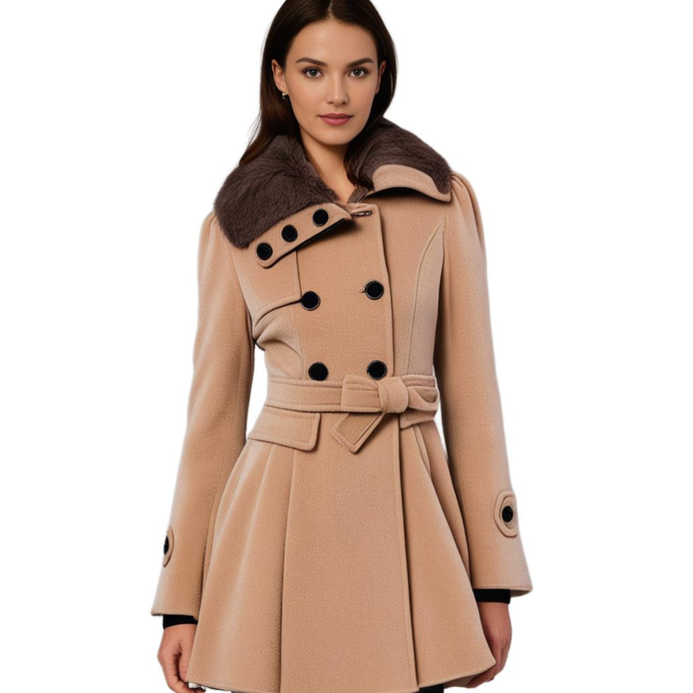 Damesmodel draagt lange winterjas met capuchon, elegant en warm voor buitenactiviteiten.