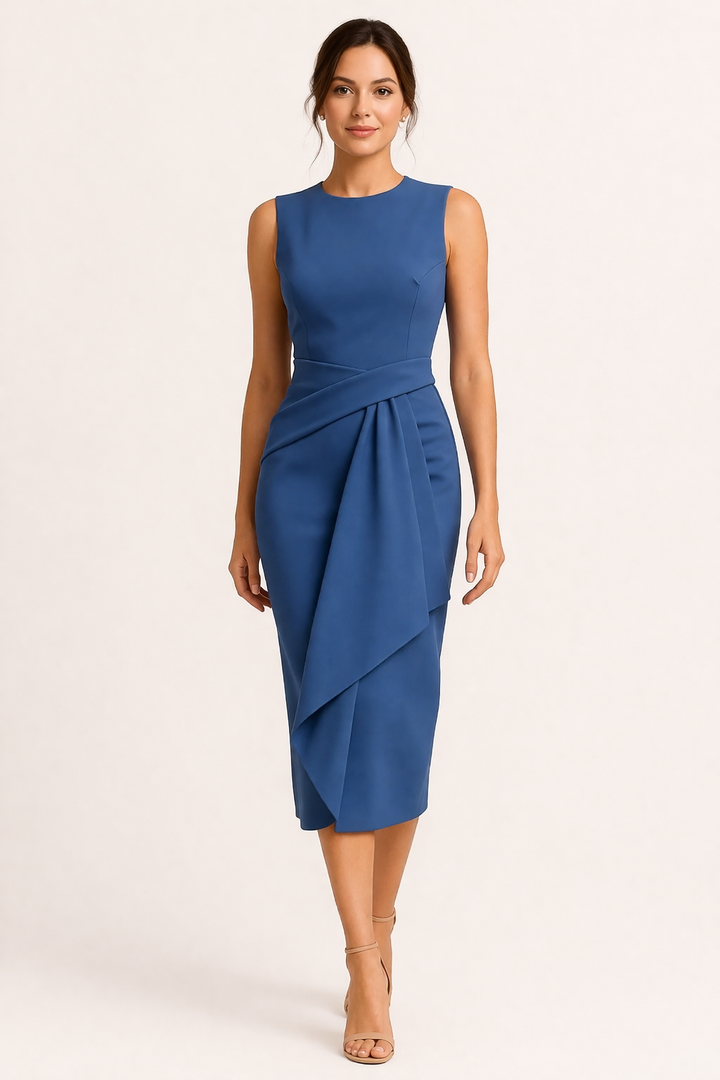 Elegante dames kantoor midi jurk met professionele pasvorm. Perfecte zakelijke mouwloze zomerjurk voor vrouwen.