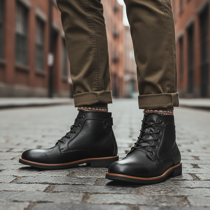 Stijlvolle retro heren enkellaarsjes Timothy in bruin leer, perfect voor herfst- en wintermode.