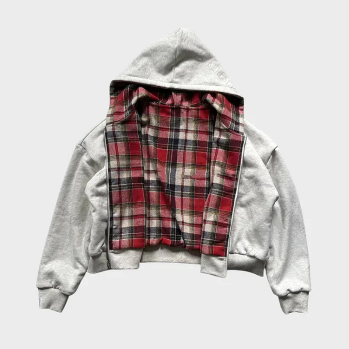 Modieuze oversized hoodie "Josh", omkeerbaar zwart/rood, met capuchon voor streetwear en casual outfits.