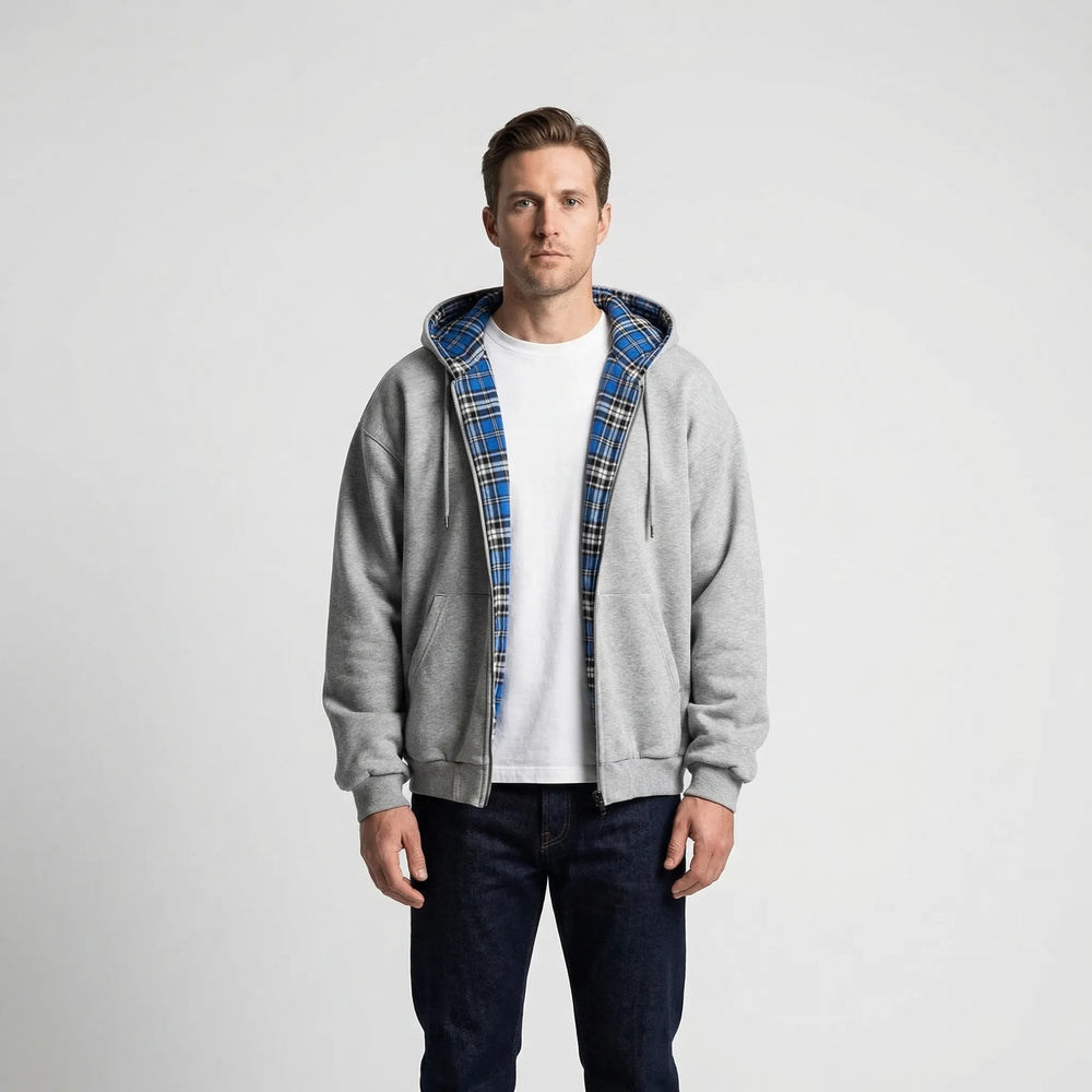 Grijze oversized heren hoodie Josh, omkeerbaar voor diverse streetwear stijlen. Maximaal comfort.