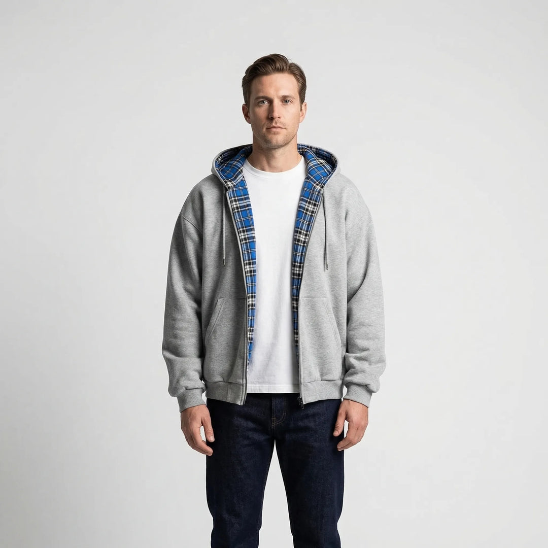 Grijze oversized heren hoodie Josh, omkeerbaar voor diverse streetwear stijlen. Maximaal comfort.