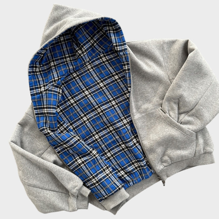 Grijze/zwarte omkeerbare hoodie "Josh" met ruitpatroon, trendy oversized pasvorm voor heren.