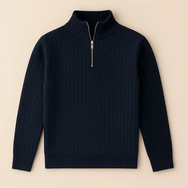 Heren trui met halve rits en opstaande kraag, comfortabel en stijlvol voor herfst en winter.