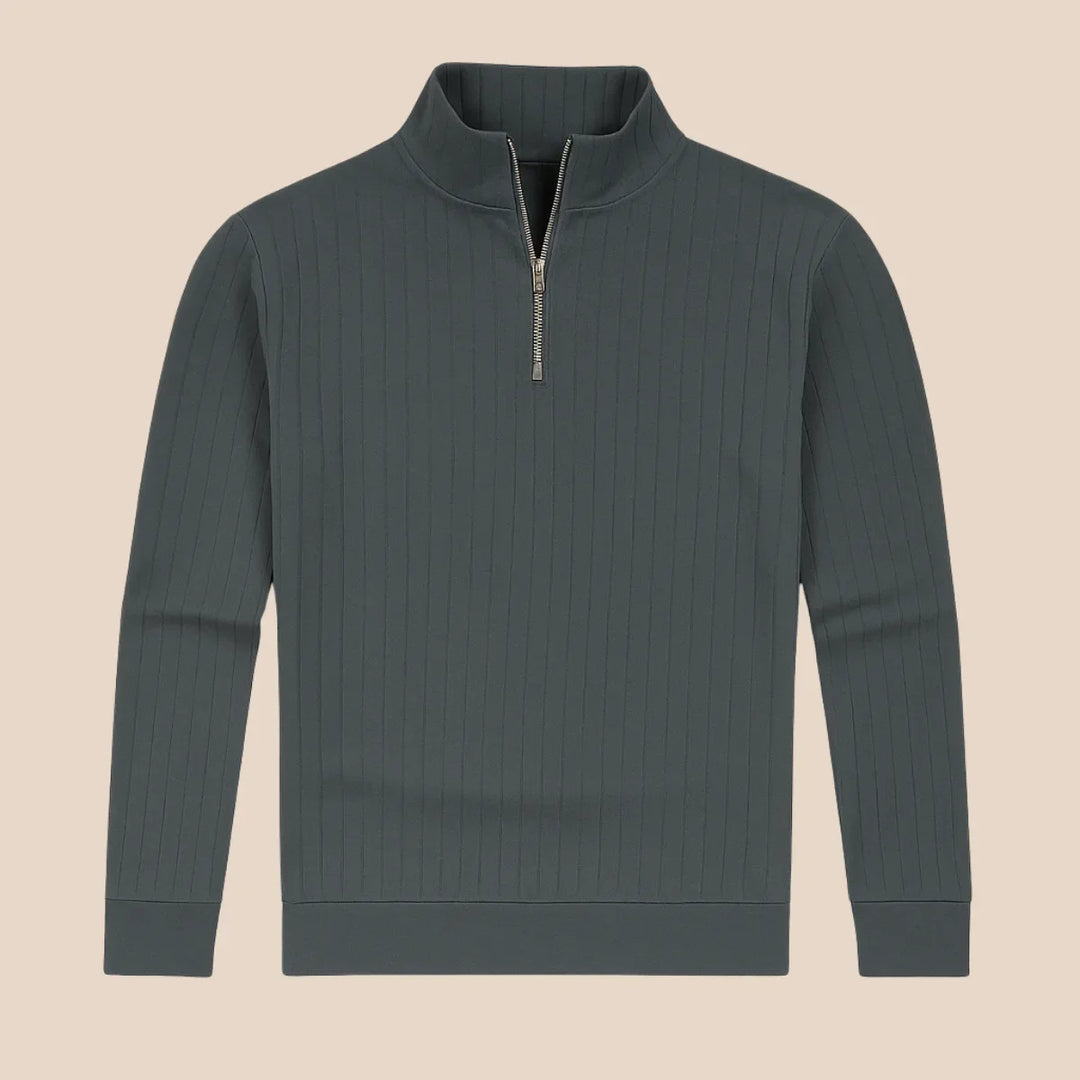 Warme heren trui met opstaande kraag en praktische halve rits, perfect voor herfst en wintermode.