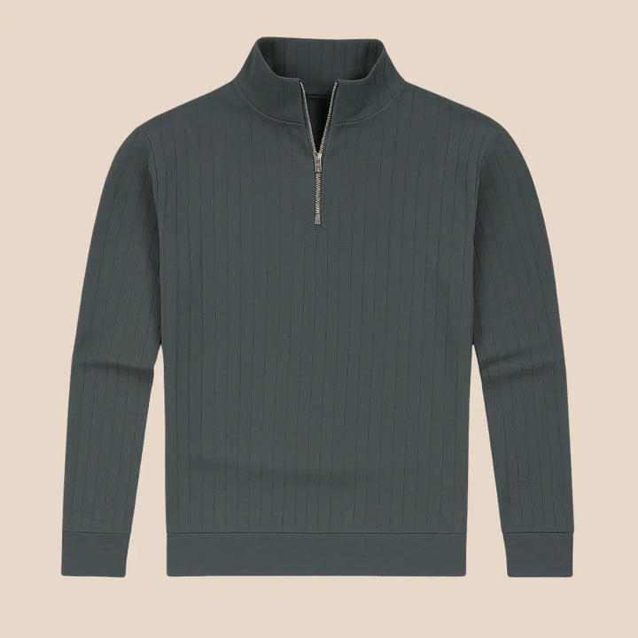 Warme heren trui met opstaande kraag en praktische halve rits, perfect voor herfst en wintermode.