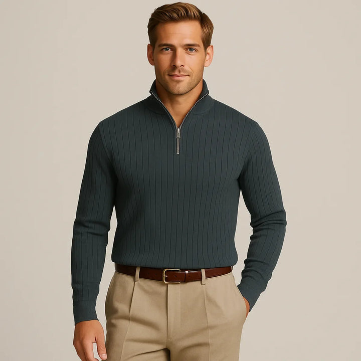 Modieuze heren trui met halve rits en opstaande kraag, een trendy toevoeging aan uw winter garderobe.
