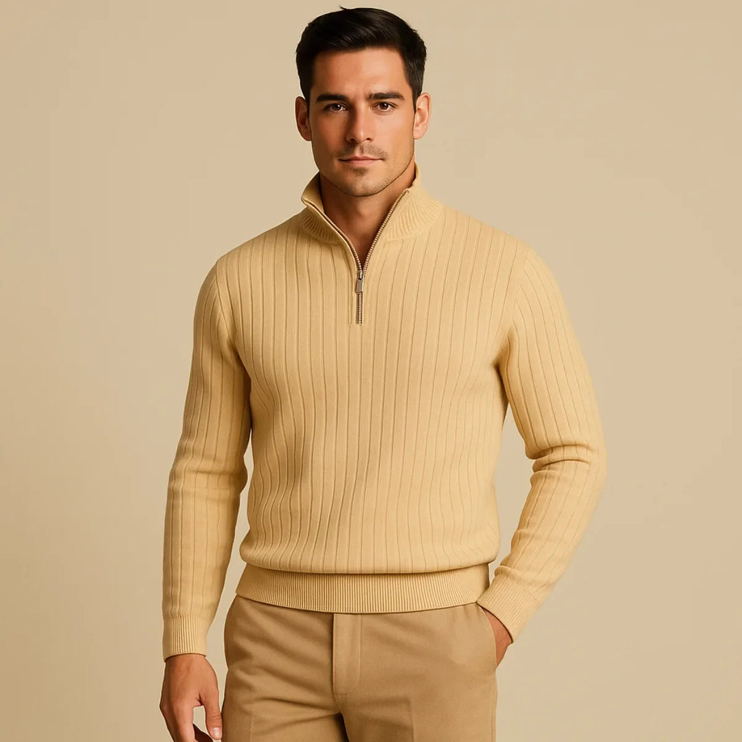 Stijlvolle heren trui met opstaande kraag en halve rits; combineer comfort met herfst/winter mode.
