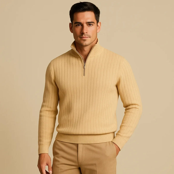 Stijlvolle heren trui met opstaande kraag en halve rits; combineer comfort met herfst/winter mode.