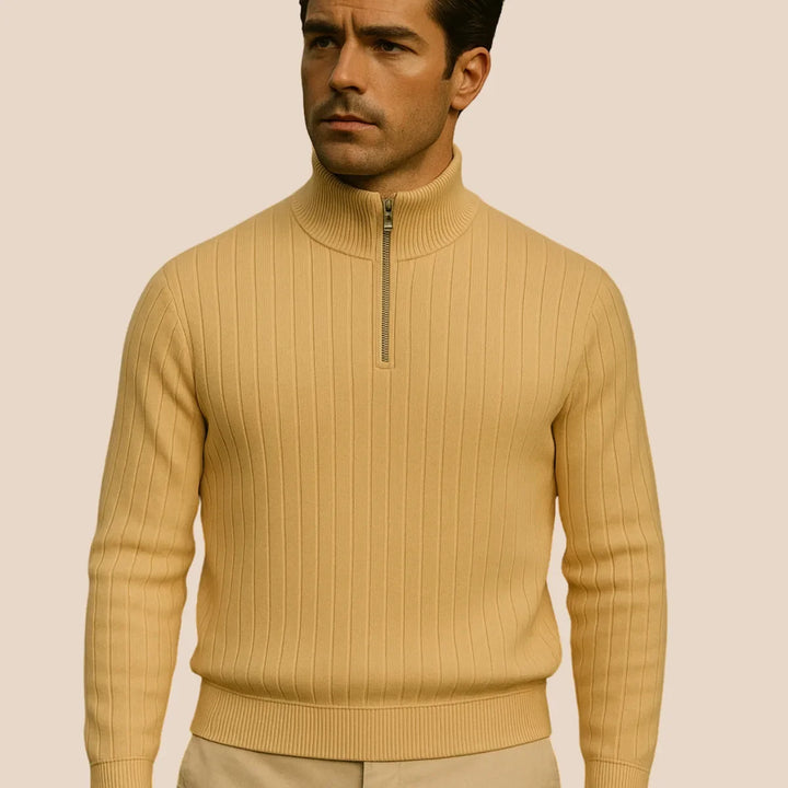 Trendy heren trui met halve rits en opstaande kraag, een veelzijdige keuze voor moderne heren kleding.