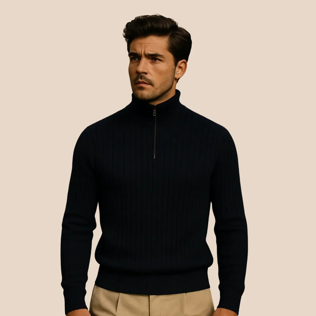 Casual of zakelijke heren trui met halve rits en opstaande kraag, de ultieme mode-basic voor mannen.