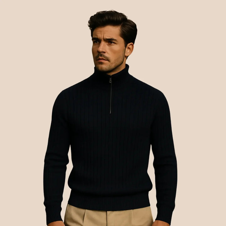 Casual of zakelijke heren trui met halve rits en opstaande kraag, de ultieme mode-basic voor mannen.