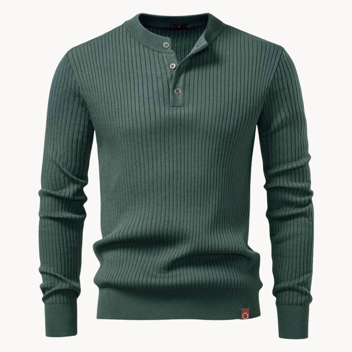 Heren trui, perfect voor herfst, met geribbelde structuur, ronde hals en verfijnde knoopsluiting.