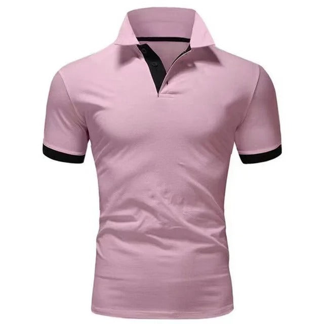 Ademende herenpolo met uniek patchwork patroon, perfect voor casual herenkleding.