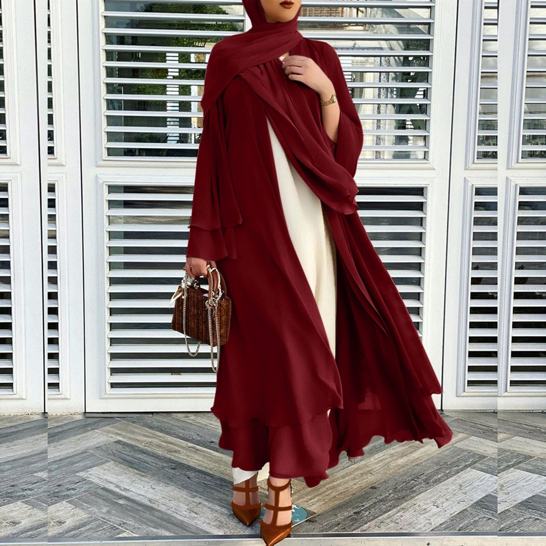 Veelzijdige dames Open Abaya Amina met hoofddoek set, perfect voor dagelijkse en feestelijke bescheiden mode.
