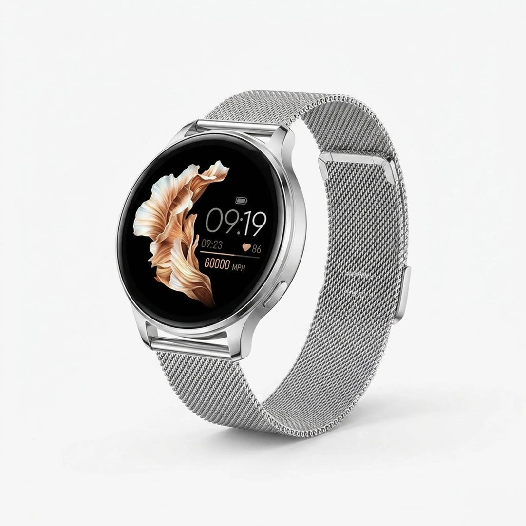 Moderne unisex smartwatch met rond digitaal display, inclusief fitness tracker en smartphone functies.