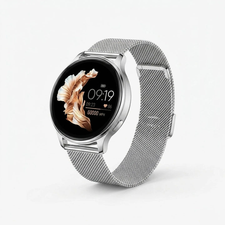 Moderne unisex smartwatch met rond digitaal display, inclusief fitness tracker en smartphone functies.