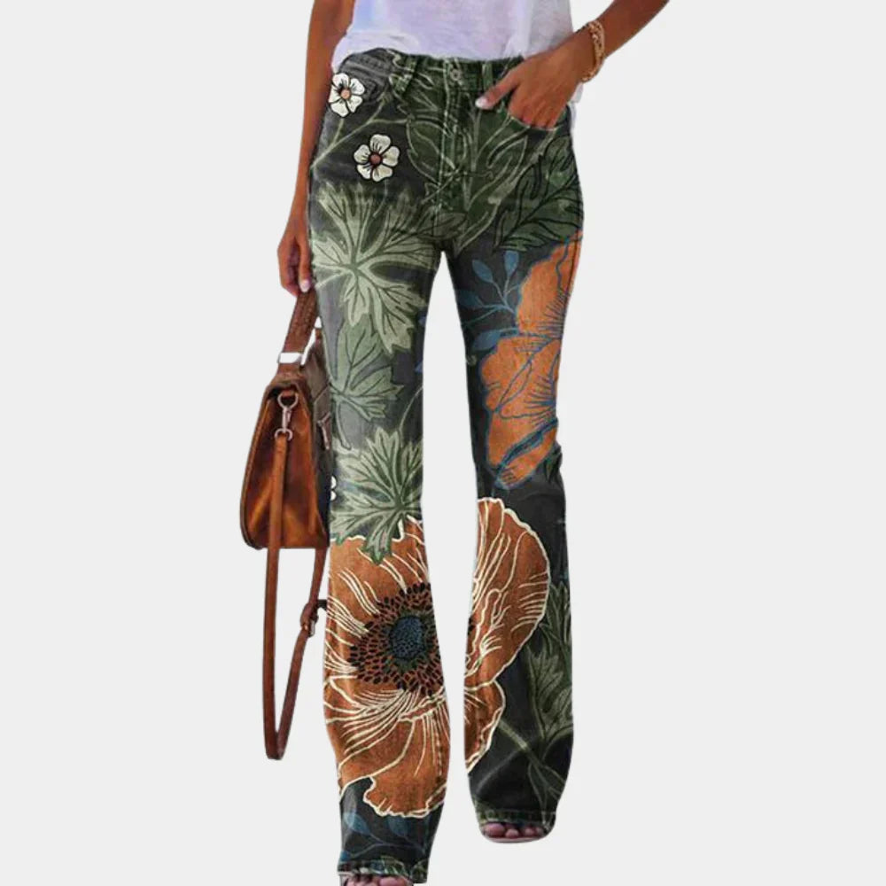 Flare dames spijkerbroek met uniek patroon. Wijde pijp jeans, comfortabel en trendy voor elke dag.