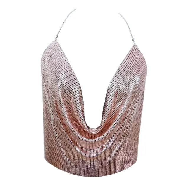 Glitter top rose goud, open rug, perfecte avondkleding voor een glamoureuze uitstraling.