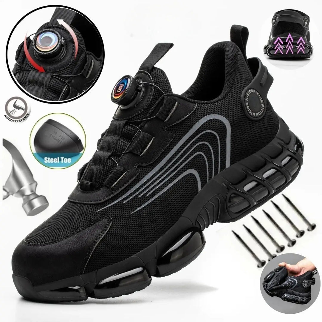 Flexibele S1P werkschoenen voor heren, voorzien van draaibare gesp en een comfortabele pasvorm.