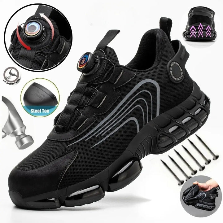 Flexibele S1P werkschoenen voor heren, voorzien van draaibare gesp en een comfortabele pasvorm.