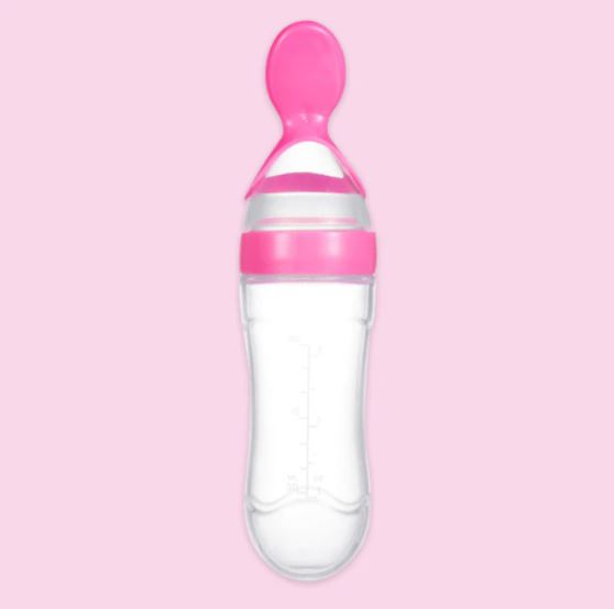 Duurzame babyfles met ergonomische zachte siliconen lepel voor comfortabel voeden en ondersteuning bij tandjes.