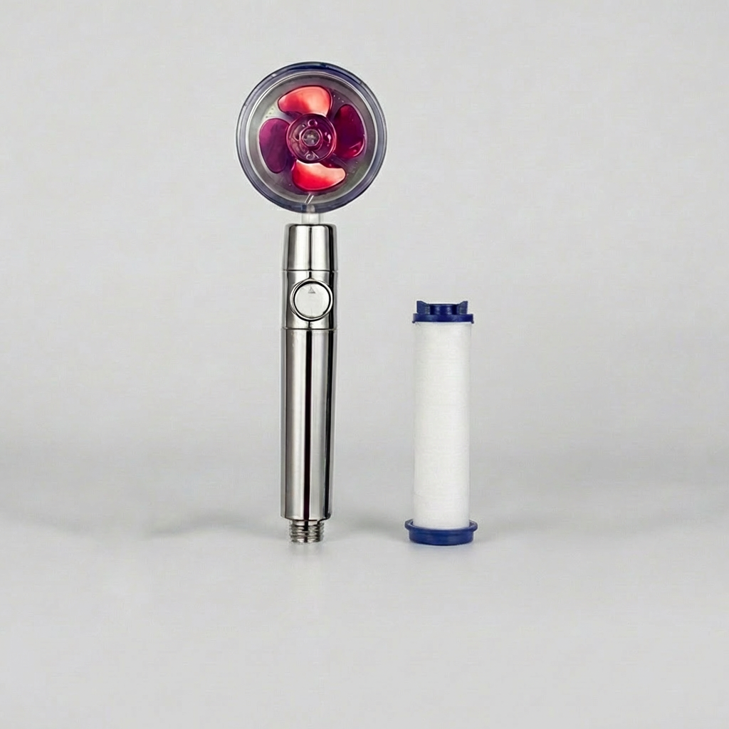 Stijlvolle blauwe propellerdouchekop met innovatieve hogedruktechnologie voor een luxe en waterbesparende ervaring.