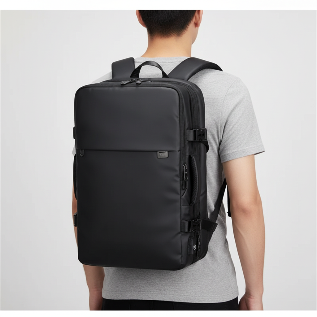 Duurzame laptoprugzak TravelX met speciaal laptopvak, perfect voor werk, school of dagelijks gebruik.