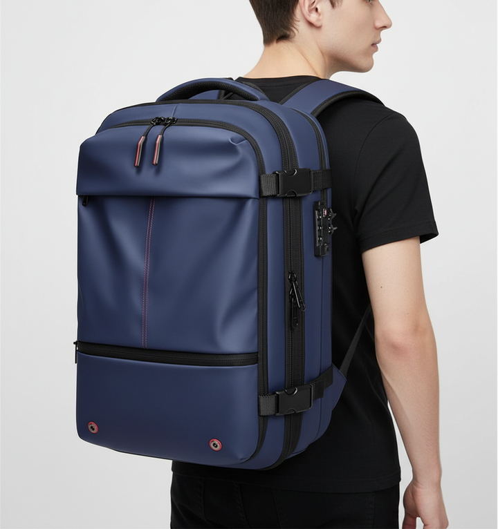 Uniseks PackAway reisrugzak gedragen door een persoon in stedelijke omgeving, klaar voor avontuur.