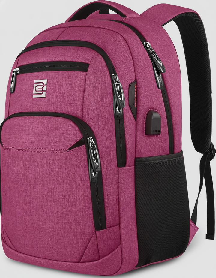 Strakke, minimalistische voorkant van de moderne SecureBag anti-diefstal dagrugzak voor laptops.