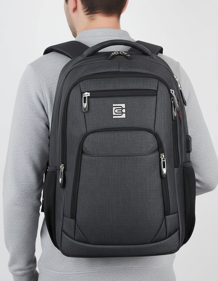 Waterbestendige stof van de SecureBag anti-diefstal laptoprugzak, perfect voor alle weersomstandigheden.