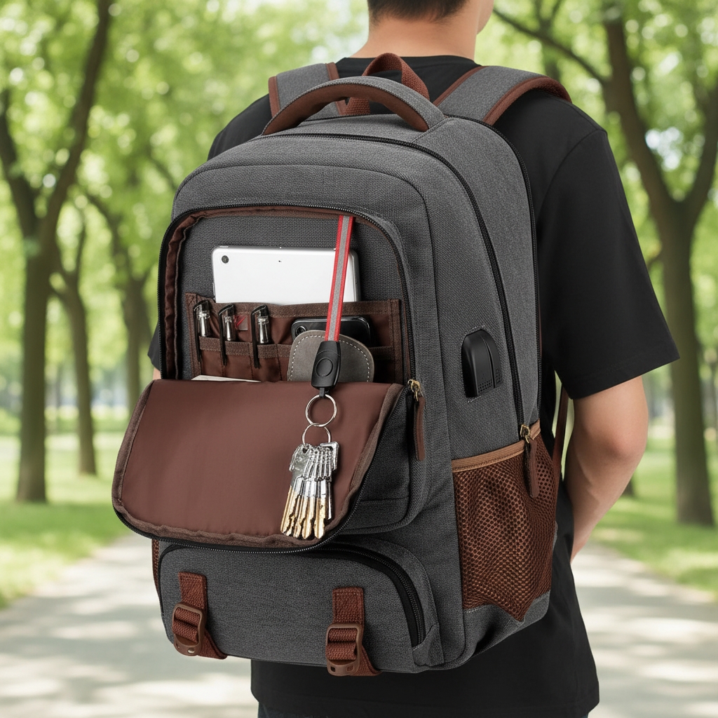 Veilige antidiefstal laptoprugzak met USB-oplaadpoort, ideaal voor school, werk en reizen, zwart design.