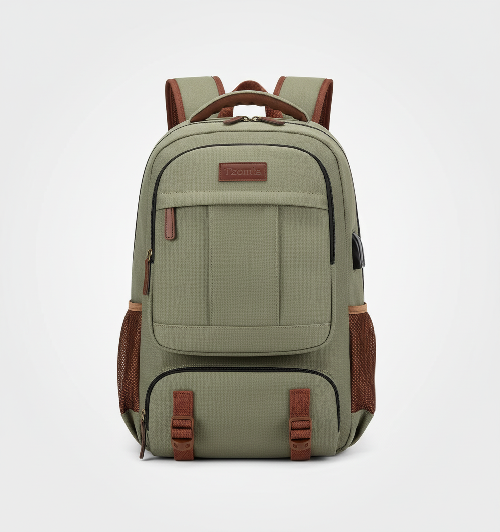 Slanke antidiefstal rugzak met verborgen ritsen, veilig voor je laptop en waardevolle spullen tijdens reizen.