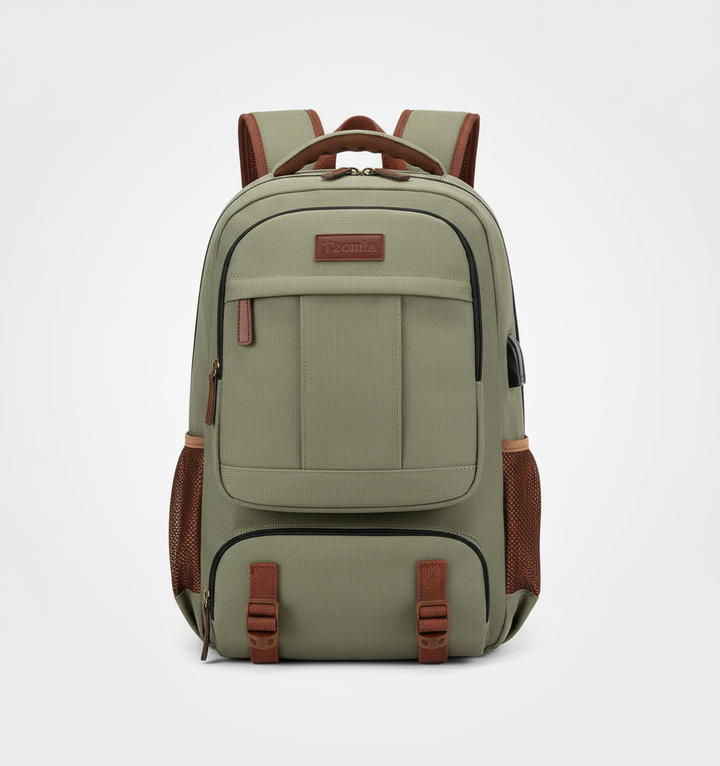 Slanke antidiefstal rugzak met verborgen ritsen, veilig voor je laptop en waardevolle spullen tijdens reizen.