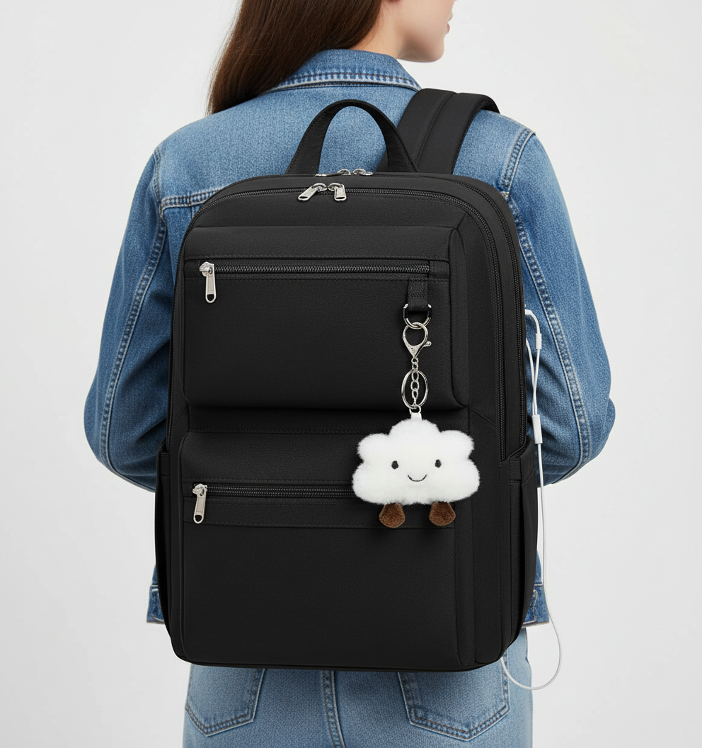 Comfortabele zwarte rugzak voor laptops met slimme organisatie en USB-poort. Ideaal voor studenten en professionals.