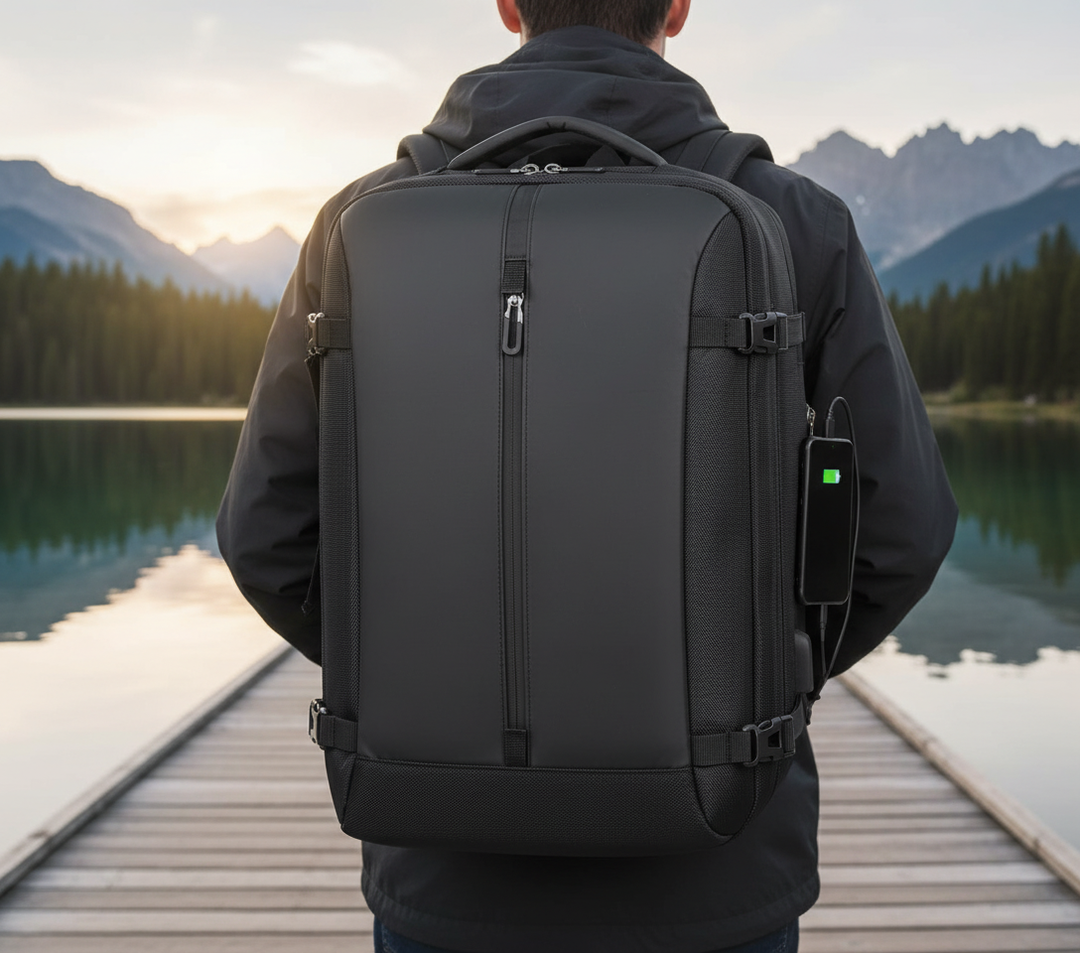 Zwarte waterdichte laptoprugzak Voyager, ideaal voor reizen en dagelijks gebruik, met veel opbergruimte.