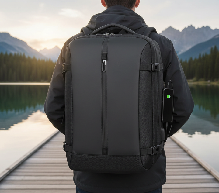 Zwarte waterdichte laptoprugzak Voyager, ideaal voor reizen en dagelijks gebruik, met veel opbergruimte.