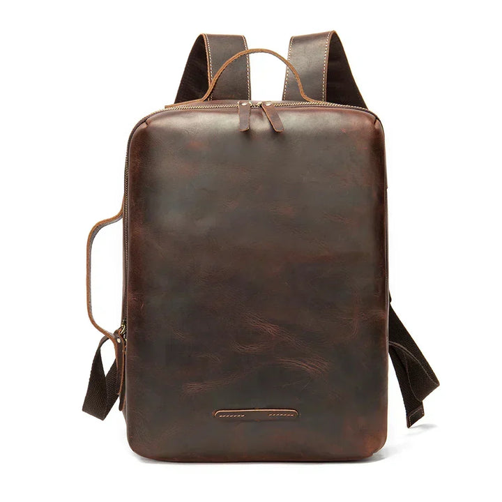 Volledige weergave van de stijlvolle bruine Crazy Horse leren rugzak. Antidiefstal laptoptas (15 inch) unisex.