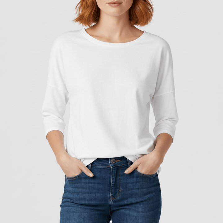 Effen dames T-shirt Alyssa, rondhals en driekwart mouwen, een veelzijdig comfortabel basisstuk.