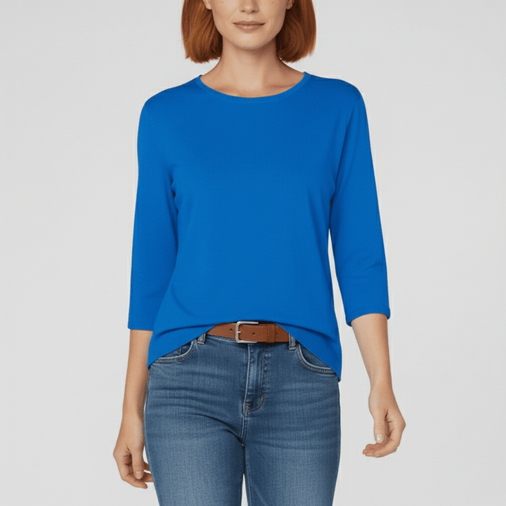 Effen dames rondhals T-shirt met driekwartmouwen, comfortabel basisstuk voor lente en zomer.