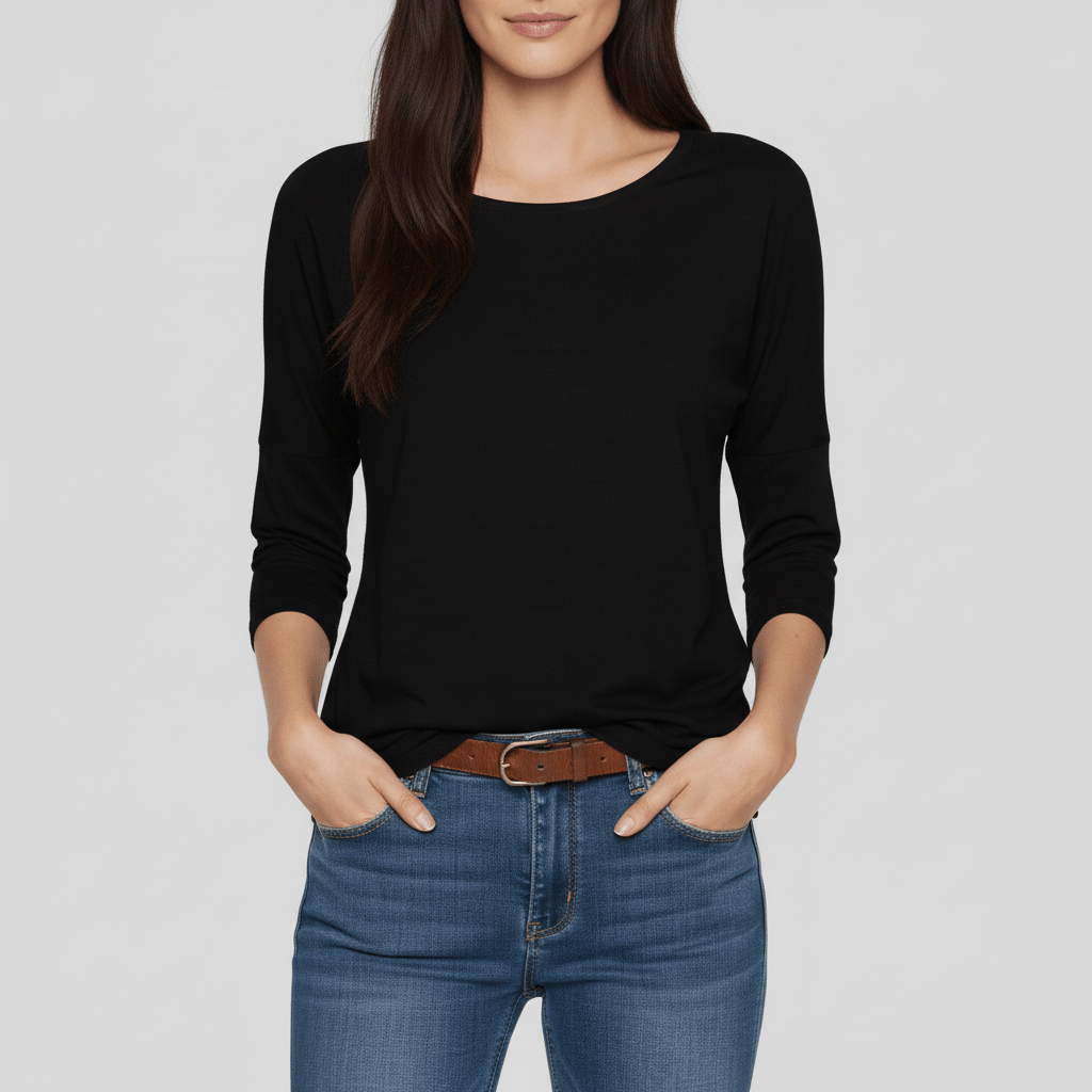 Alyssa dames T-shirt: effen rondhals, driekwartmouwen, veelzijdig en comfortabel als zomertop.