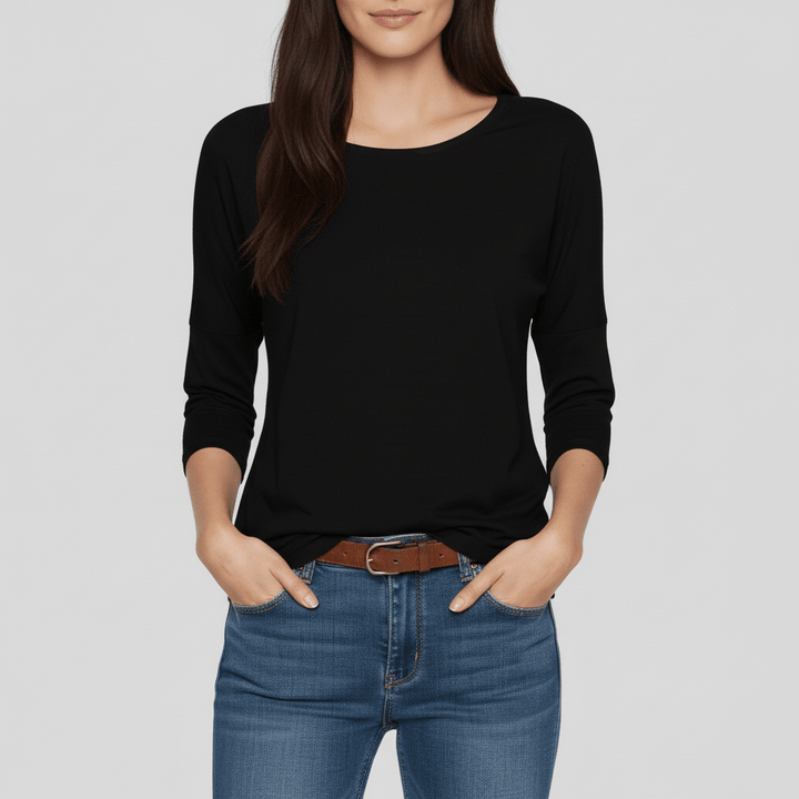 Alyssa dames T-shirt: effen rondhals, driekwartmouwen, veelzijdig en comfortabel als zomertop.