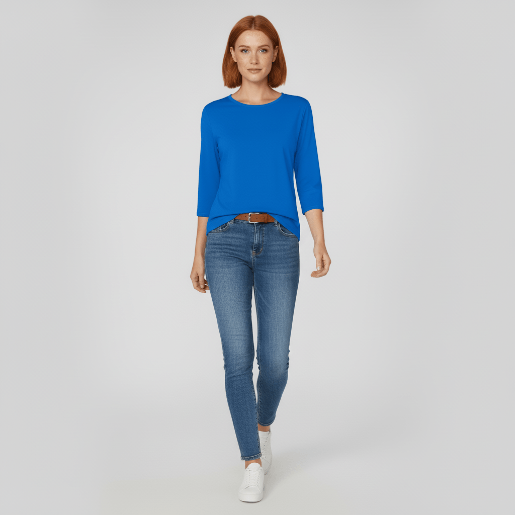 Zomerse dames rondhals top met driekwart mouwen, een comfortabel en stijlvol basis-T-shirt.